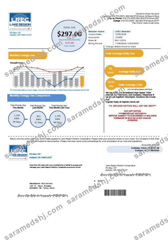 USA Oklahoma LREC Lake Region  business utility bill template in Word and PDF formats